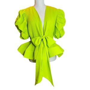 Item # A201 N by Nancy Romantic Glam Neon Green Puff Sleeve Peplum Blouse NWT M